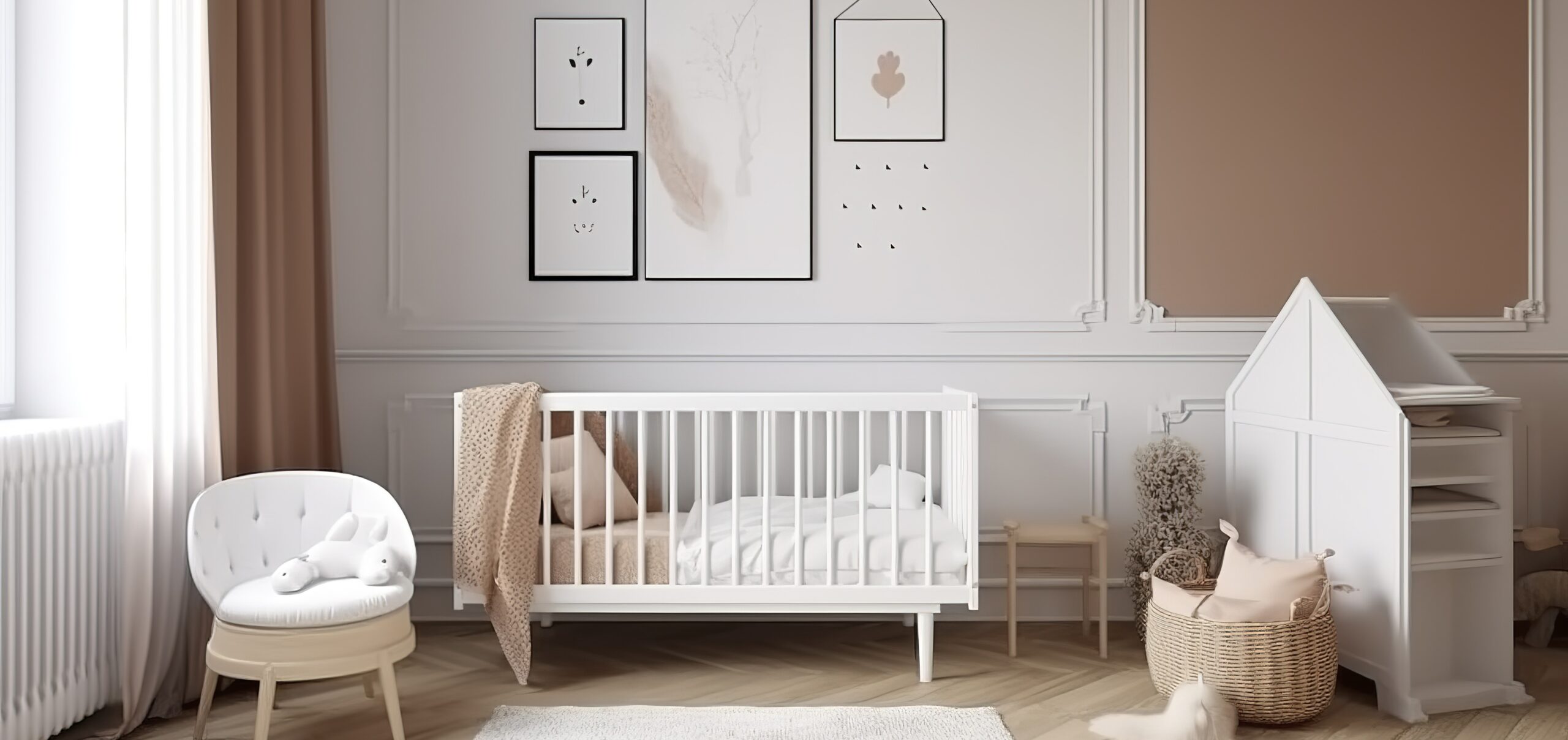 Modern minimalist nursery room in scandinavian style. Baby room interior in light colours, baby sleep furniture nursery