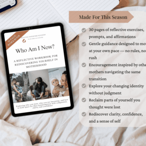 A gentle postpartum workbook to help mothers navigate matrescence, rediscover their identity, and find clarity, confidence, and self-connection in motherhood.