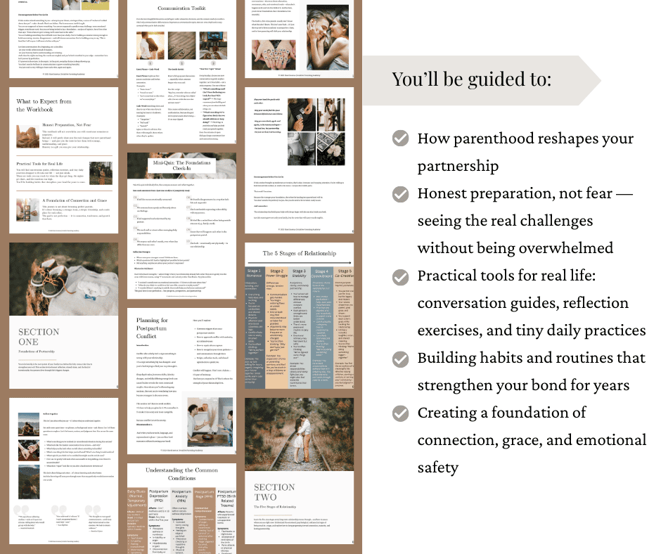 A practical, heart-centered workbook for new parents to strengthen their partnership, communicate with care, and navigate postpartum challenges together.