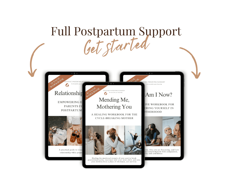 Postpartum workbook bundle for mothers: heal emotional wounds, rebuild identity, and strengthen parent-child connection with guided reflection & support.
